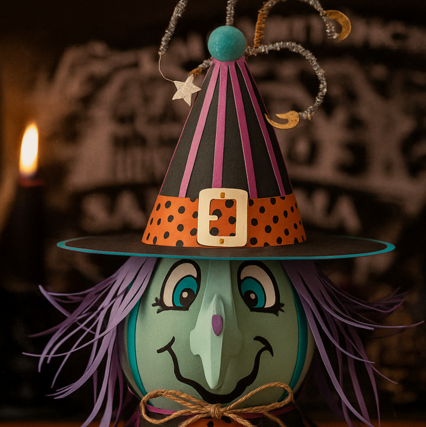 Halloween-themed craft event flyer with a decorative hat and candle.