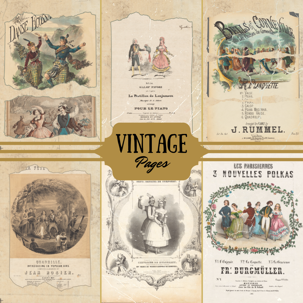 Collage of vintage sheet music covers with decorative text and illustrations on a beige background.