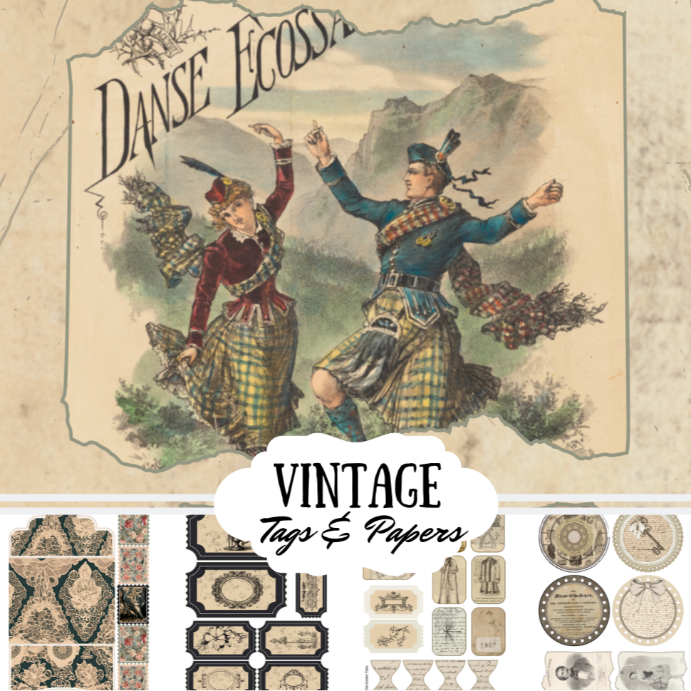Vintage-style packaging with two people in traditional attire and decorative elements.