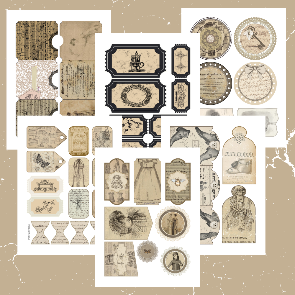 Collection of vintage-style decorative tags and labels on a beige background