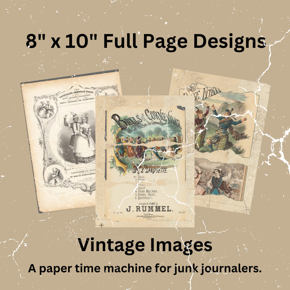 Vintage images on paper with text about 8x10 full page designs and 'junk journalists'.