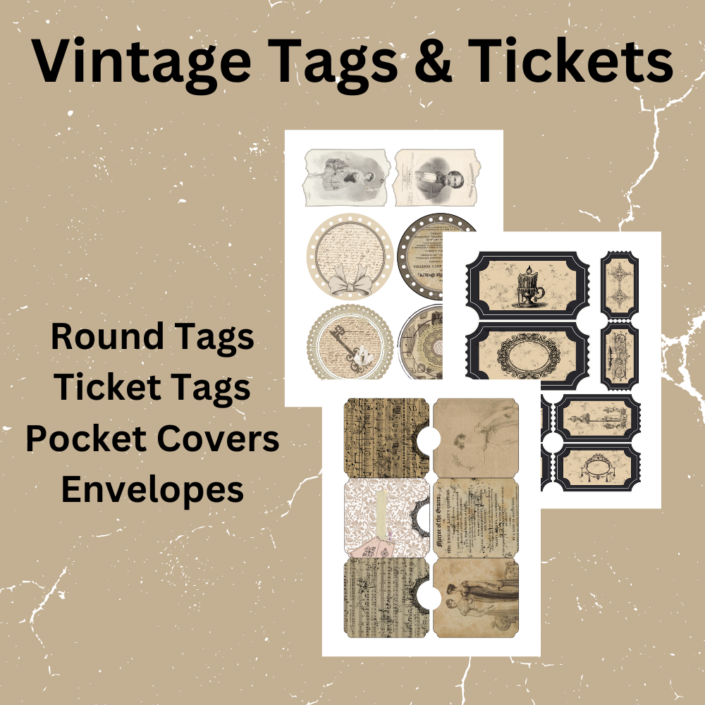 Collection of vintage-style round tags, ticket tags, pocket covers, and envelopes on a beige background with text 'Vintage Tags & Tickets'.