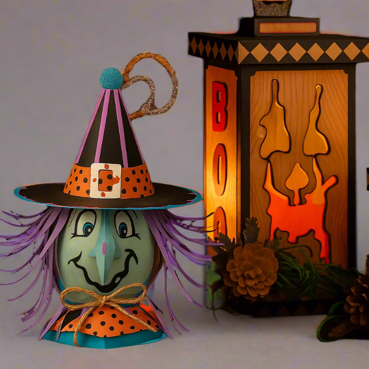 Halloween-themed decorations including a jack-o'-lantern and witch figure in a dimly lit setting.