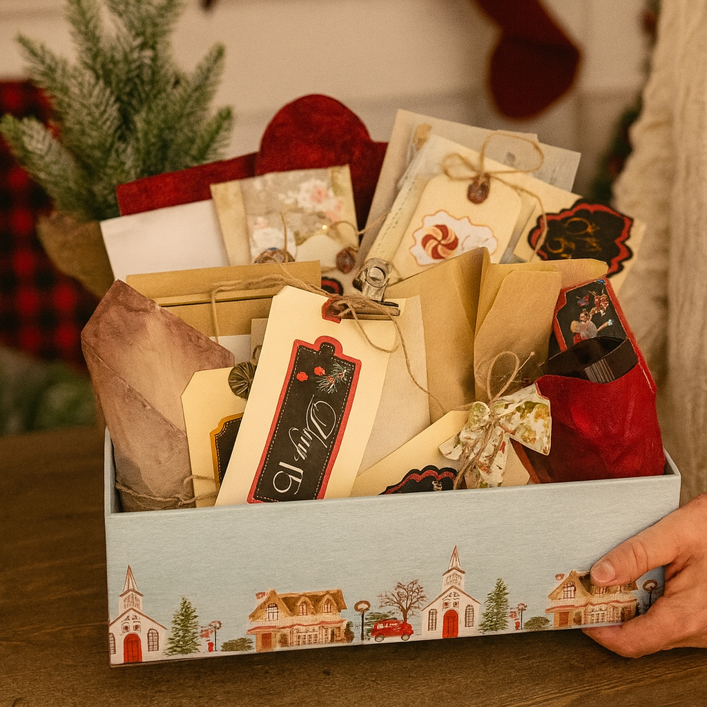 Box of Christmas cards with decorative elements on a festive background