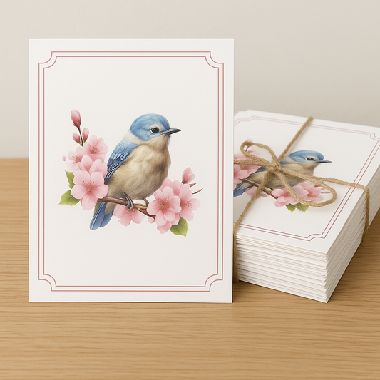 A flat lay of a greeting card set featuring a bluebird perched on a cherry blossom branch. The cards are styled on a light wooden surface, with one card standing upright and a bundled set tied with twine beside it.