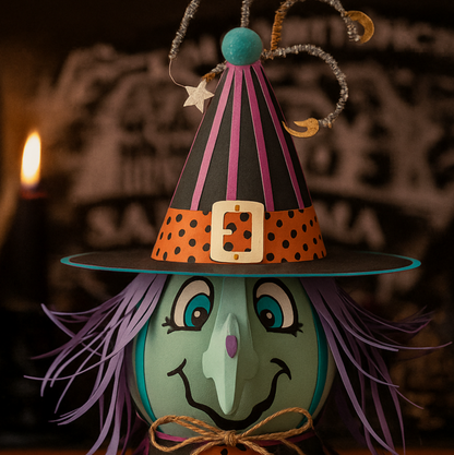 Halloween-themed craft event flyer with a decorative hat and candle.