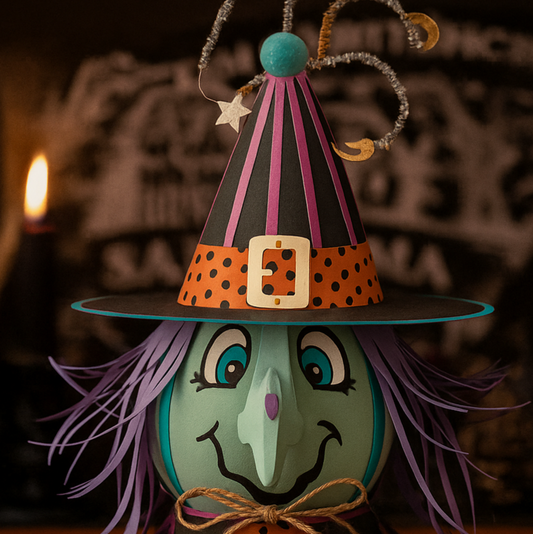 Halloween-themed craft event flyer with a decorative hat and candle.