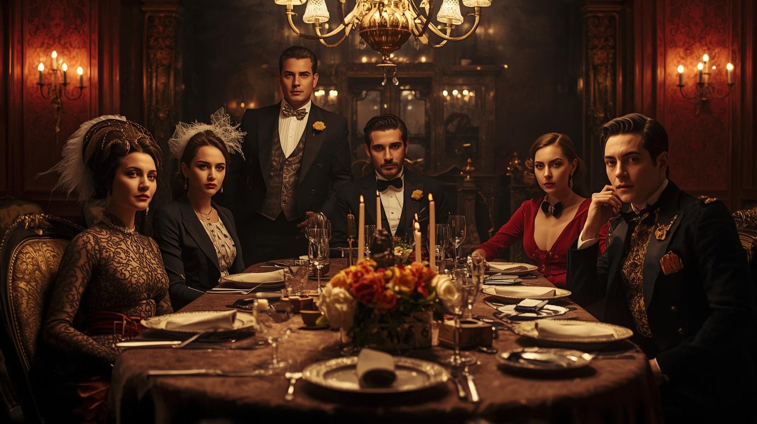 Dinner scene with elegantly dressed people in a dimly lit room