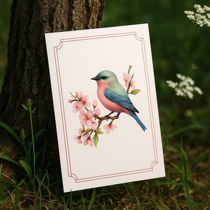 A greeting card with a soft blue and pink bird sitting on a cherry blossom branch, propped gently against a tree trunk. The background includes green grass, wildflowers, and natural sunlight filtering through the scene.