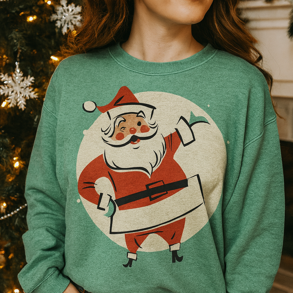 Person wearing a green sweater with a Santa Claus graphic in front of a decorated Christmas tree.
