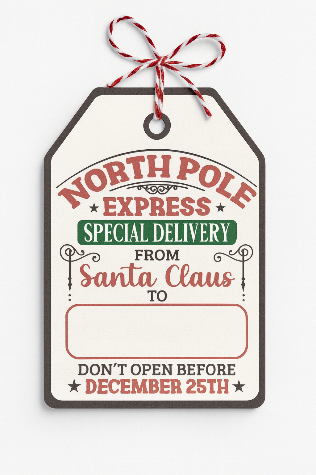 Christmas-themed gift tag with 'North Pole Express' text and decorative bow on a white background