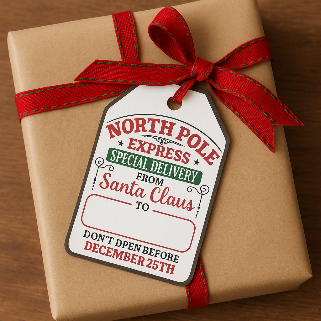 Gift wrapped in brown paper with a red ribbon and a festive tag on a wooden surface.