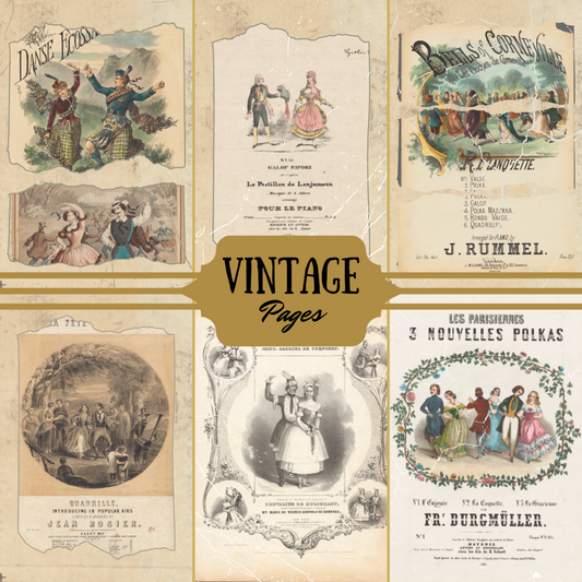 Collage of vintage sheet music covers with decorative text and illustrations on a beige background.