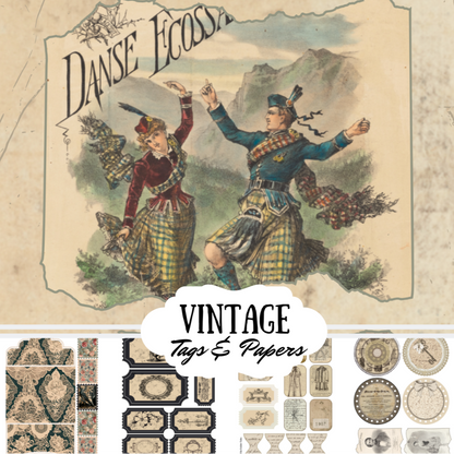 Vintage-style packaging with two people in traditional attire and decorative elements.
