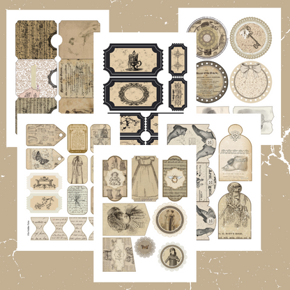 Collection of vintage-style decorative tags and labels on a beige background