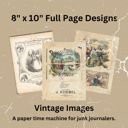 Vintage images on paper with text about 8x10 full page designs and 'junk journalists'.