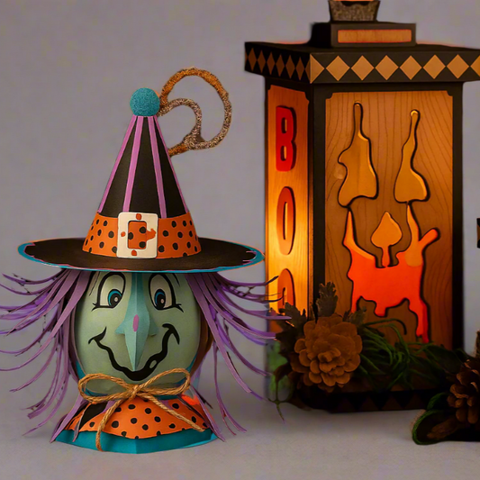Halloween-themed decorations including a jack-o'-lantern and witch figure in a dimly lit setting.