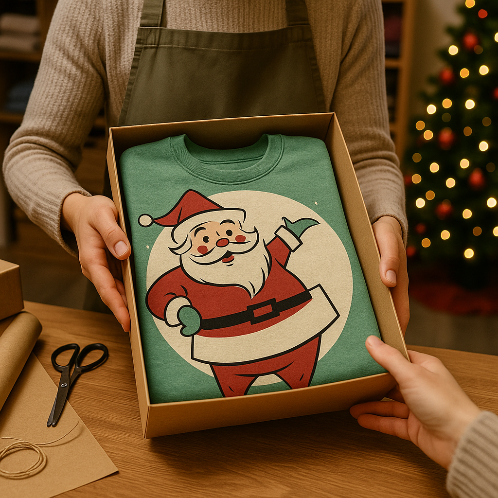 Womens Santa Sweatshirt in a box at a store counter. 
