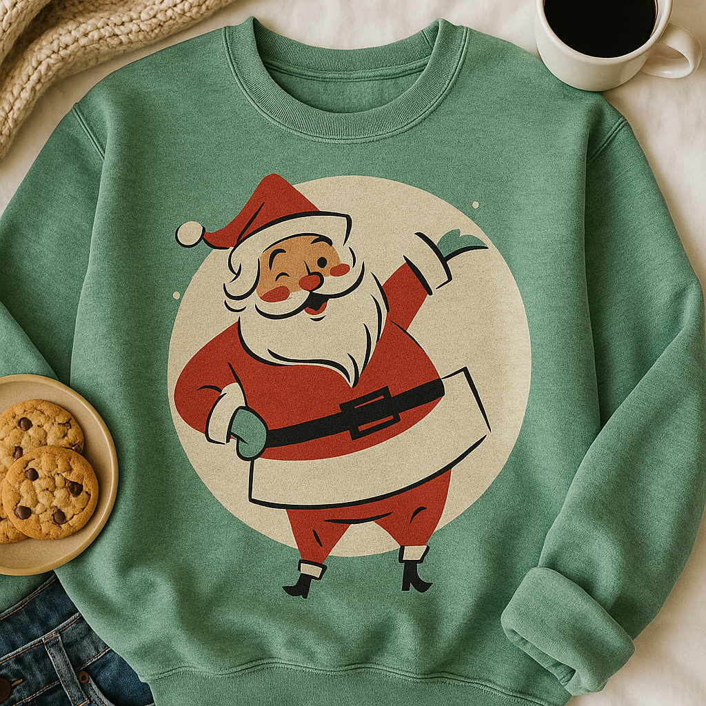 Green sweatshirt with Santa Claus graphic on a white surface with a cup of coffee and cookies.