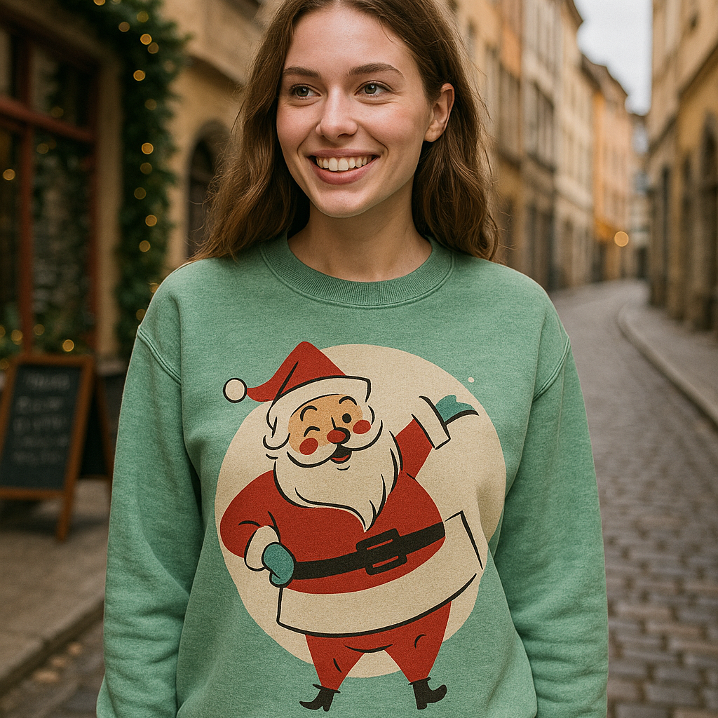 Woman wearing a green sweater with a Santa Claus design on a street.