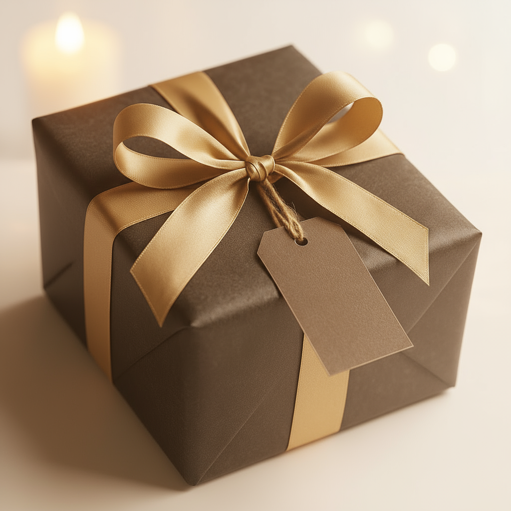 Gift box wrapped in brown paper with a gold ribbon and tag on a soft background